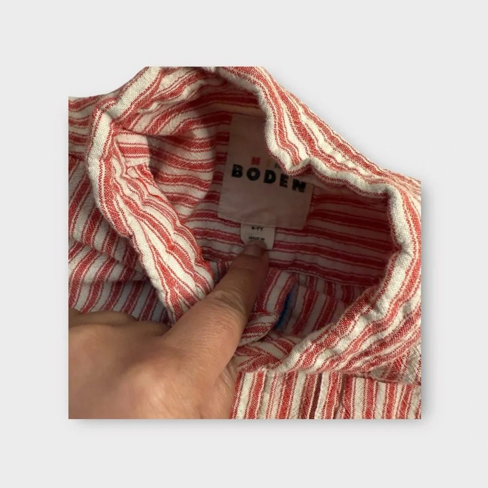 Mini Boden Red Striped Linen Button Down Short Sleeve Shirt